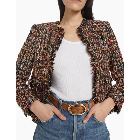 L'AGENCE Angelina Gold black Tweed Plaid Jacket fringe trim size 18 - Picture 3 of 16